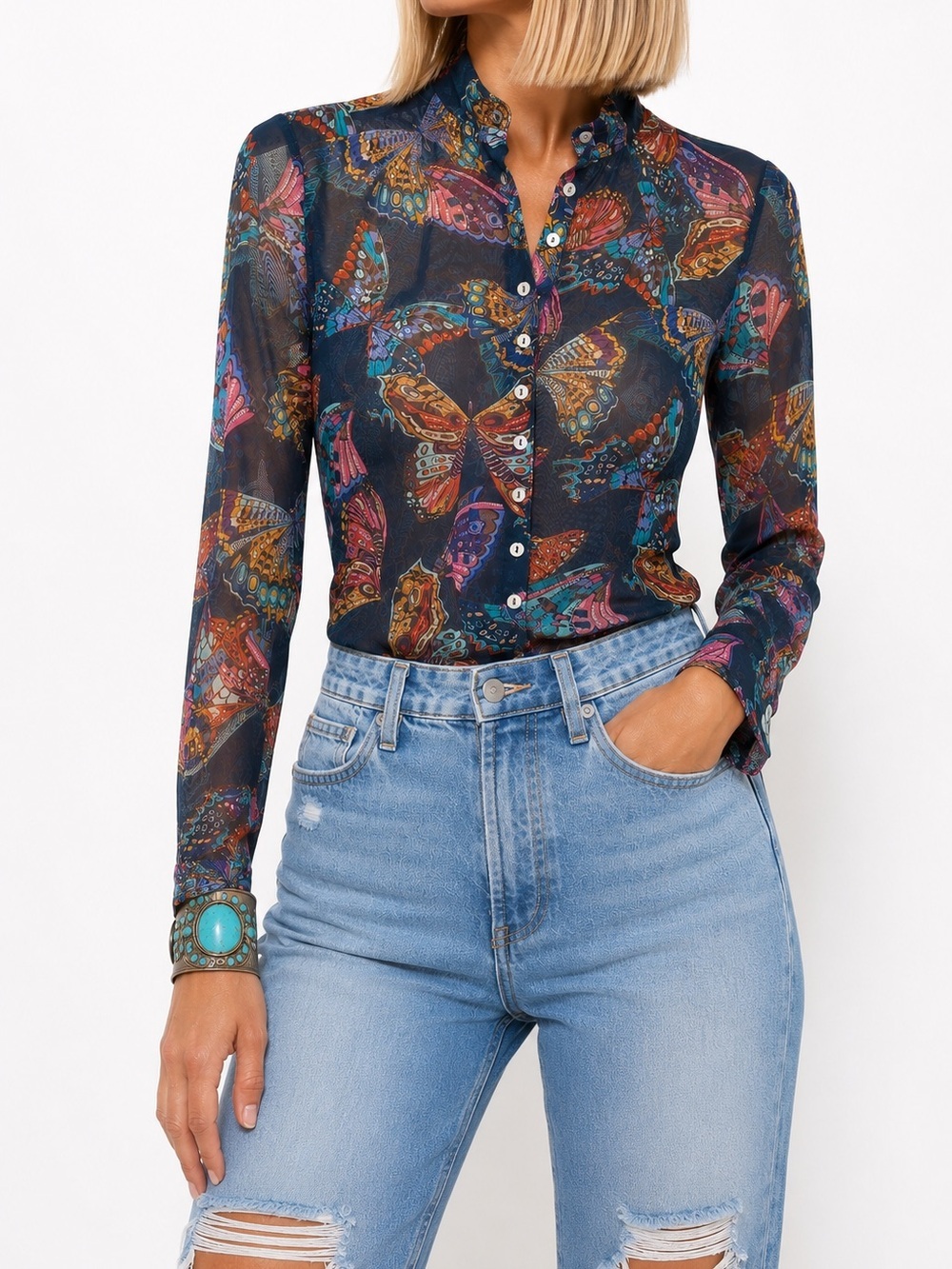 Johnny Was Ophelia Mesh Button Up Mock Neck Butterfly Long Sleeve Top sz Med NEW